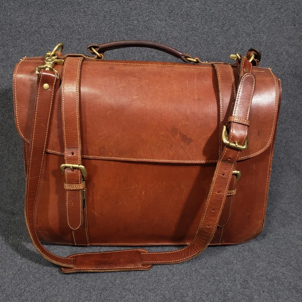 King Ranch Leather Briefcase Mens Large Brown Messenger Bag Brass Running W